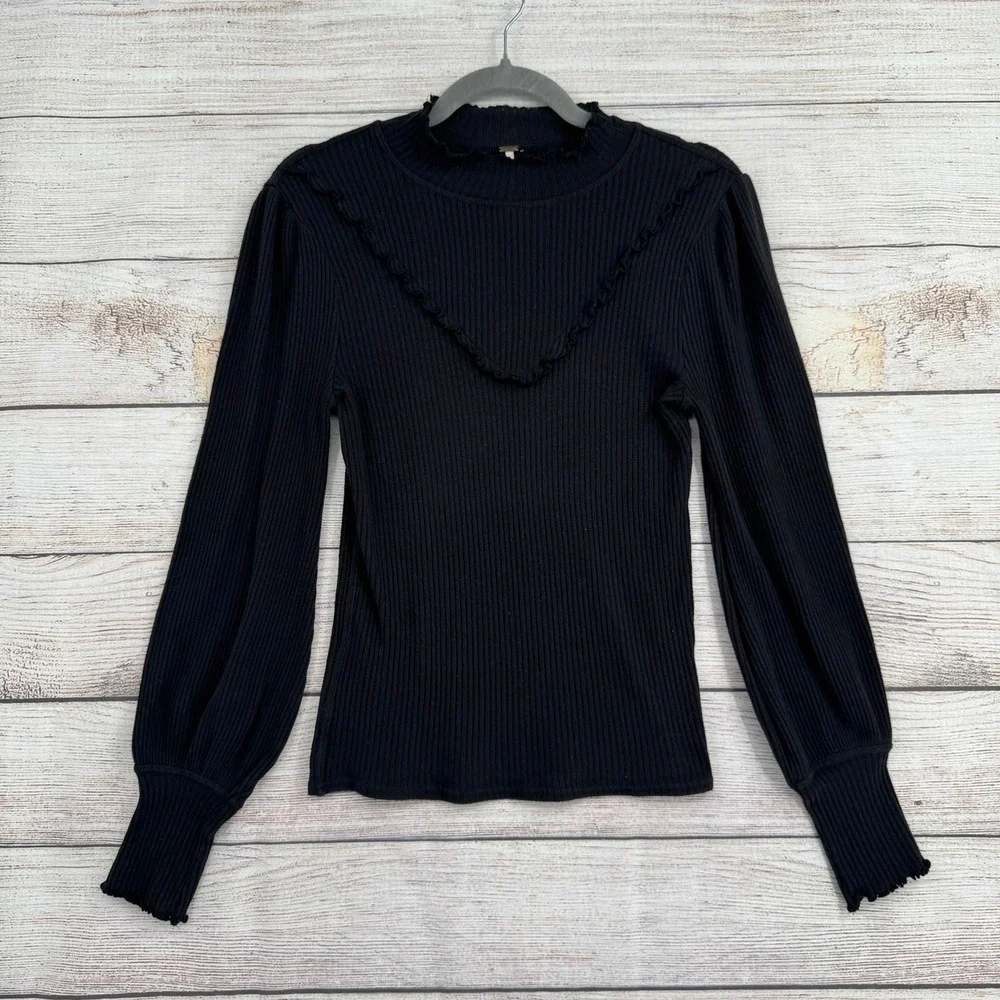 Free People Top Women S Black Ruffle Mock Neck Puff Sleeve Ribbed Knit